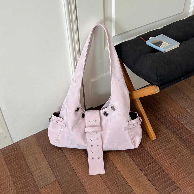 Totes 2026 New Y2K Faux Suede Hobo Shoulder Bag Metal Eyelet Rivet Decor Large Capacity Underarm Casual Daily Handbag for Women X261016