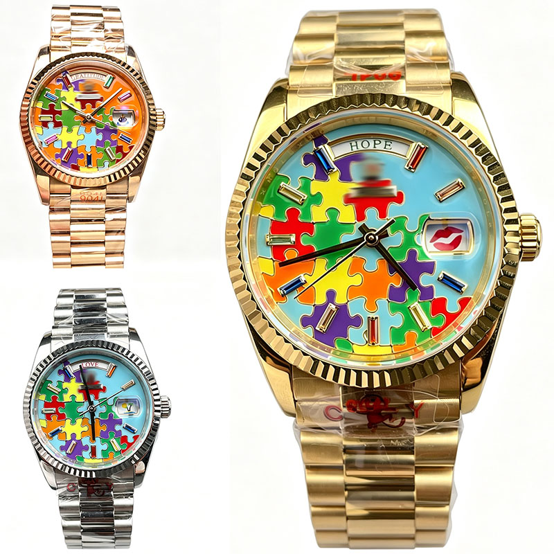 Designer Watch Womens Automatic Mechanical Watch 36mm Colorful Jigsaw Puzzle Dial Fluted Bezel Day Date Function 904L Stainless Steel Bracelet Luxur