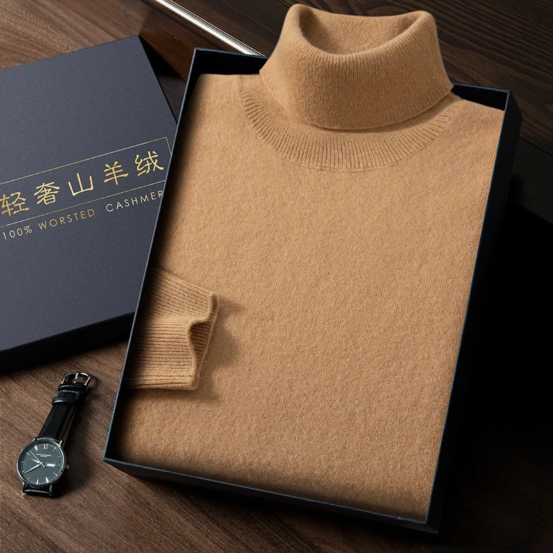 2025 Spring Autumn 100 Cashmere Sweater Men's High Turnover Collar Knitted Pullover Fashion Slim Fit Bottom Shirt 261009