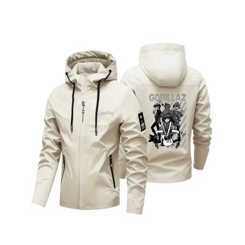 Outdoor Jackets Hoodies Black White Cartoon Band Print Men's Hooded Windbreaker Full Zip Windproof Outdoor Street Outerwear for MenT261016