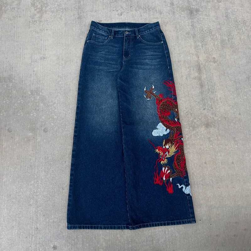 Men's Jeans Dragon Graffiti Embroidery Dark Blue Loose Wide Leg Distressed Jeans Y2K High Waist Men Women Vintage Casual Daily StreetwearT26101