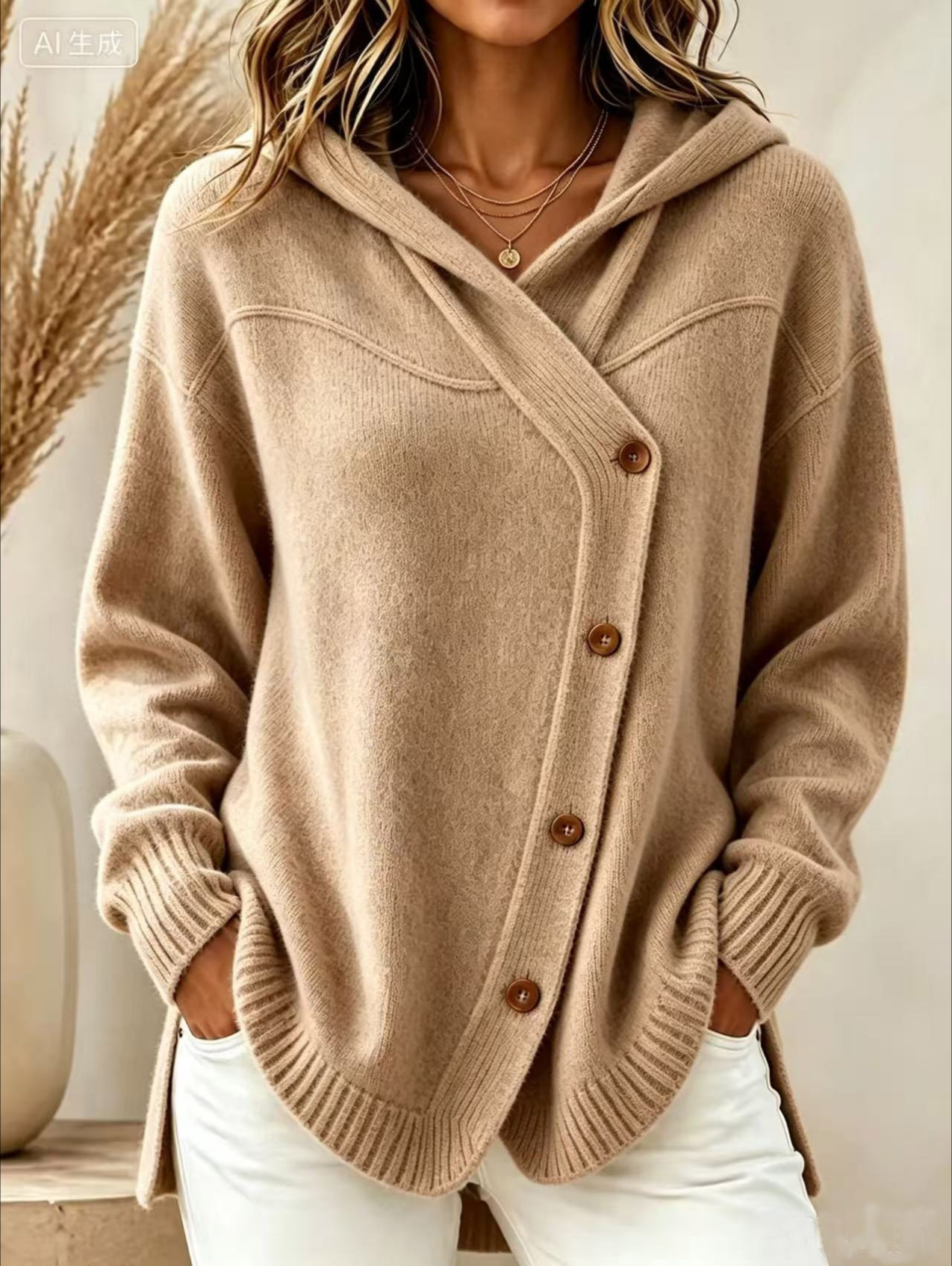 1840 European and American style autumn/winter new women's sweater casual loose button long sleeve hooded cardigan