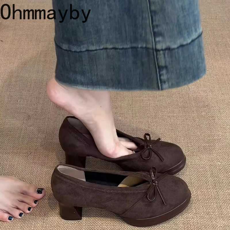 New Spring Autumn Platform Mary Jane Shoes Women Thick High Heels Vintage Slip On Butterflyknot Pumps Q