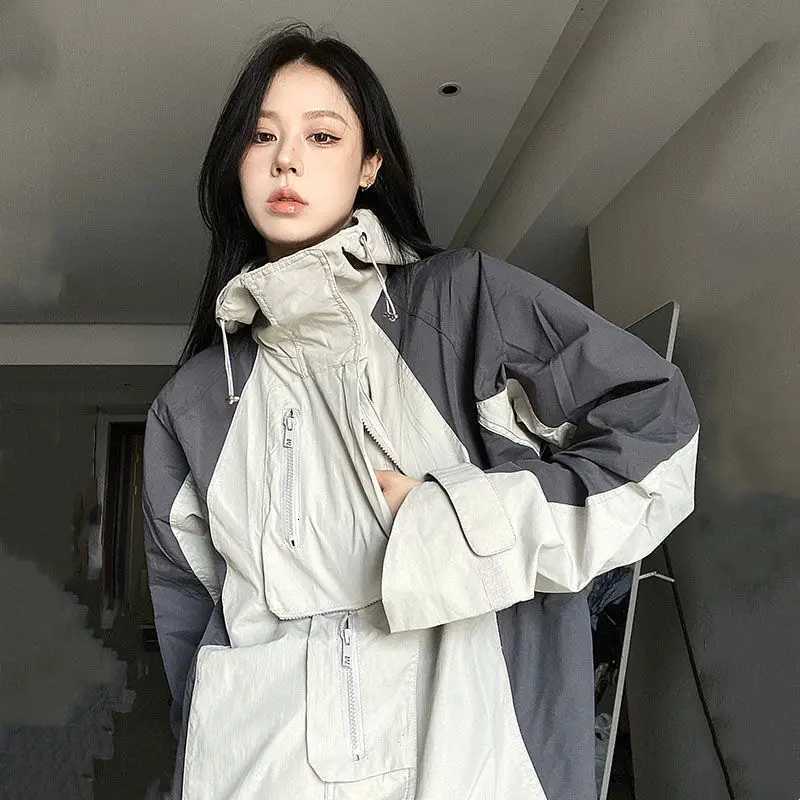 Jackets Vintage Outdoor Men's Jackets Women Y2k Streetwear Waterproof Oversized Autumn Hooded Harajuku Drawstring Windbreaker Korean Coat N2610