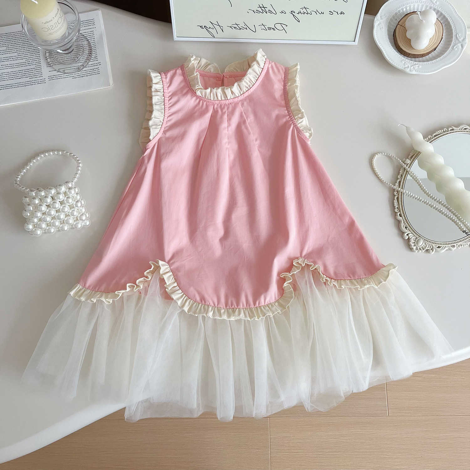 Leader Bear Korean Solid Color Kids Clothes Summer Pink Le Girls Dress Sleeveless Blk Fungus Edge Mesh Splicing Dresses S2610163GHG