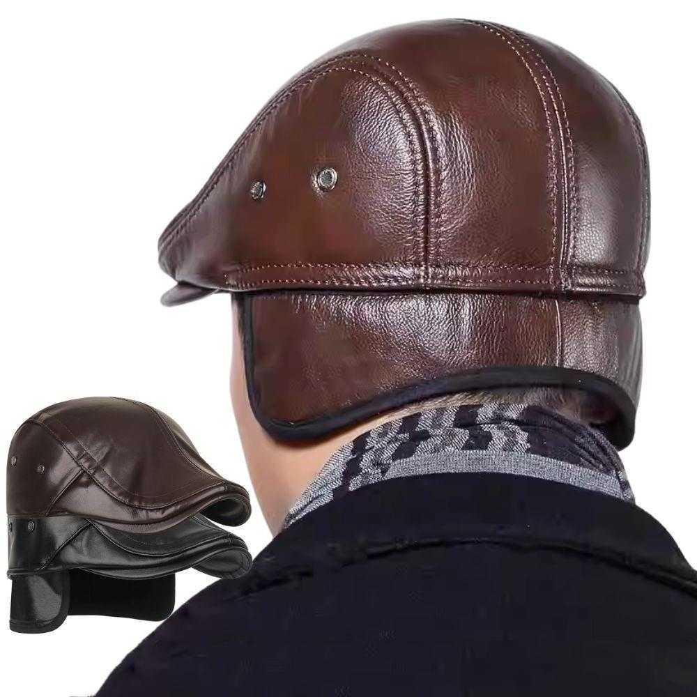 Retro Men Leather Newsboy Caps Autumn Winter Visor Beret Thicken Warm Hat Solid Color Forward Hat Windproof Ear Protection Hat S261016QXQV