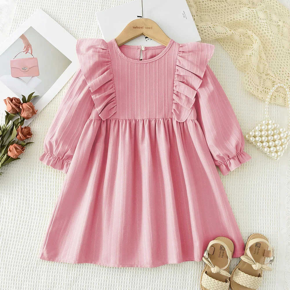 Casual Plain Girls Dress Autumn Long Sleeved Pleated Kids Dresses for Girls Pink Clothes Fashionable New Children's Clothing S2610161LA4