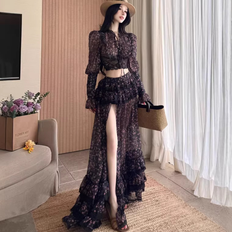 Luxury Designer 2026 Early Spring Outfit For Women New Collection, French-style Chiffon Floral Top And Skirt Set