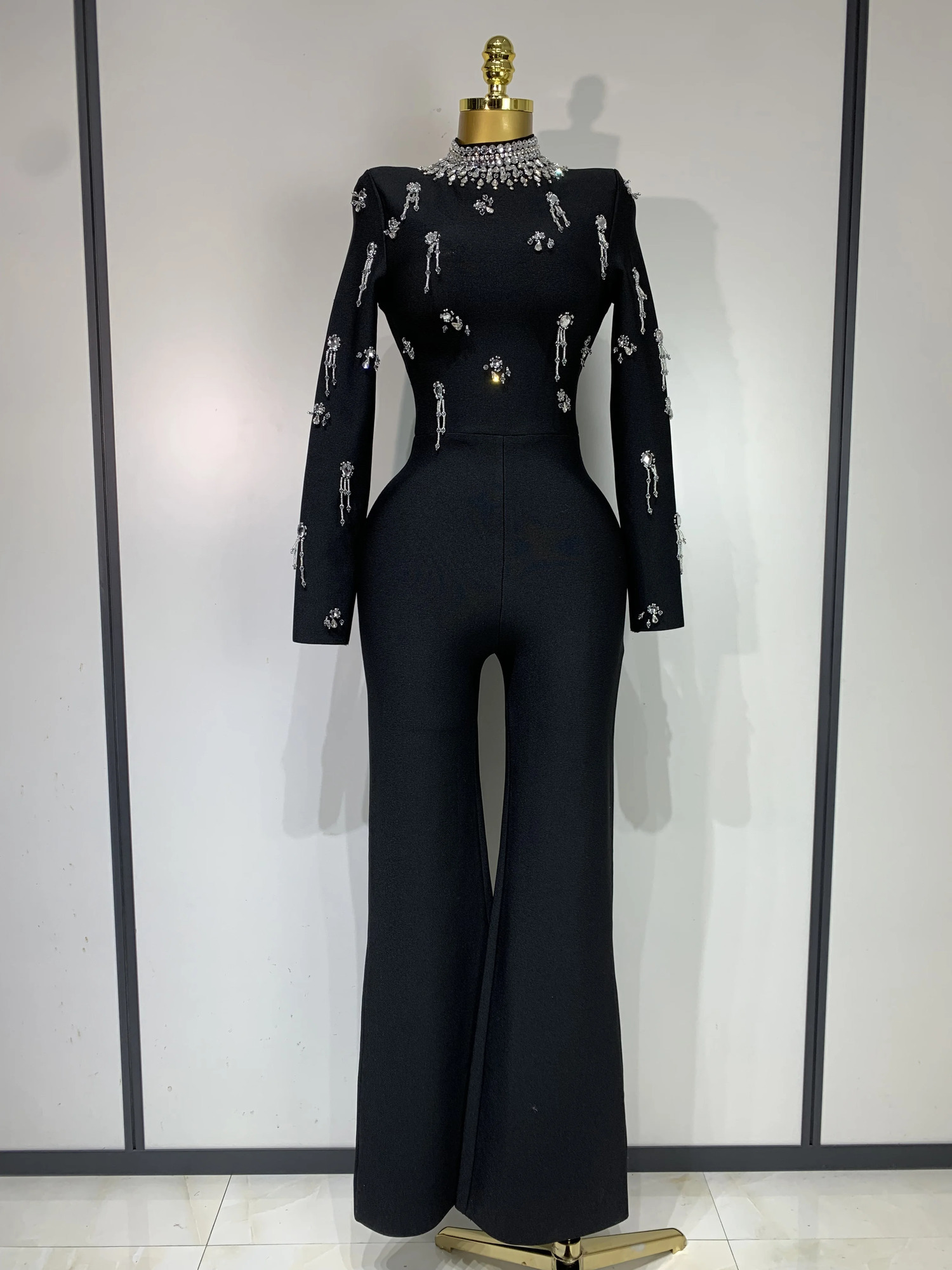 Sparkly Diamonds Long Sleeve Black Bodycom Bandage Jumpsuit Fashion Woman Evening Party Elegant y Birthday Rompers 261015