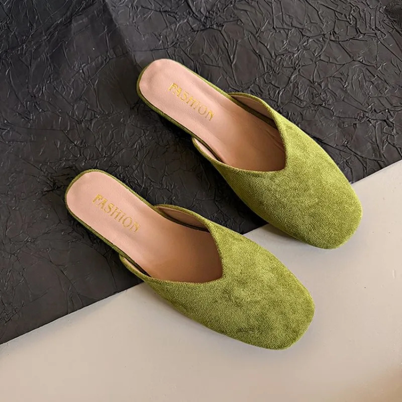 Women Suede Flats Mules Shoes Square Toe Slingback Slippers Casual Sandals Trend Summer Dress Flip Flops Cozy Mujer Slides 261016