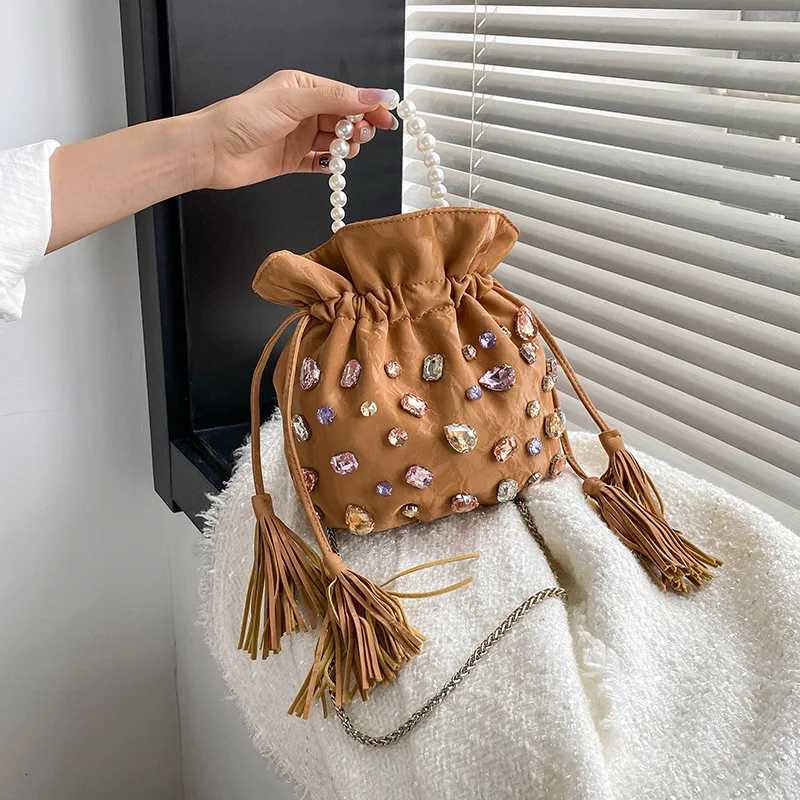 Cross Body Fashion Rhinestone Evening Bag Tassel Drawstring Bucket Bags for Women Pearls Handle Handbag Diamonds Wedding Party Shoulder Bag H261016