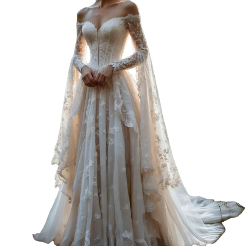 Light Champagne Simple A Line Wedding Dresses Plus Size Country Off Shoulder Long Sleeves Lace Appliques Ruffles Wedding Dress Bridal Gowns Floor Le