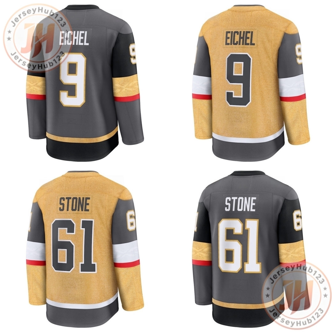 9 Jack Eichel #60 Mark Stone #93 Mitch Marner Men's Embroidery Ice Hockey Jersey Grey Gold Wholesale Hockey Uniform