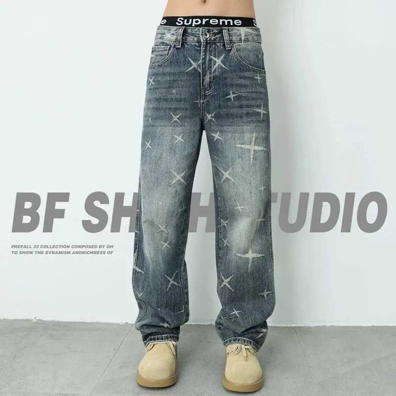 Men's Jeans Spring and Autumn Fashionable Trendy Printed Straight Tube Elastic Jeans for Men's Casual Loose Sport Large Size High end Jean