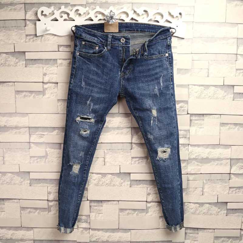 Men's Jeans Fashionable Mustache Distressed Jeans Men's Youth Korean Style Slim Fit Tear 9 Split Knee Patch Slim PantsT261016