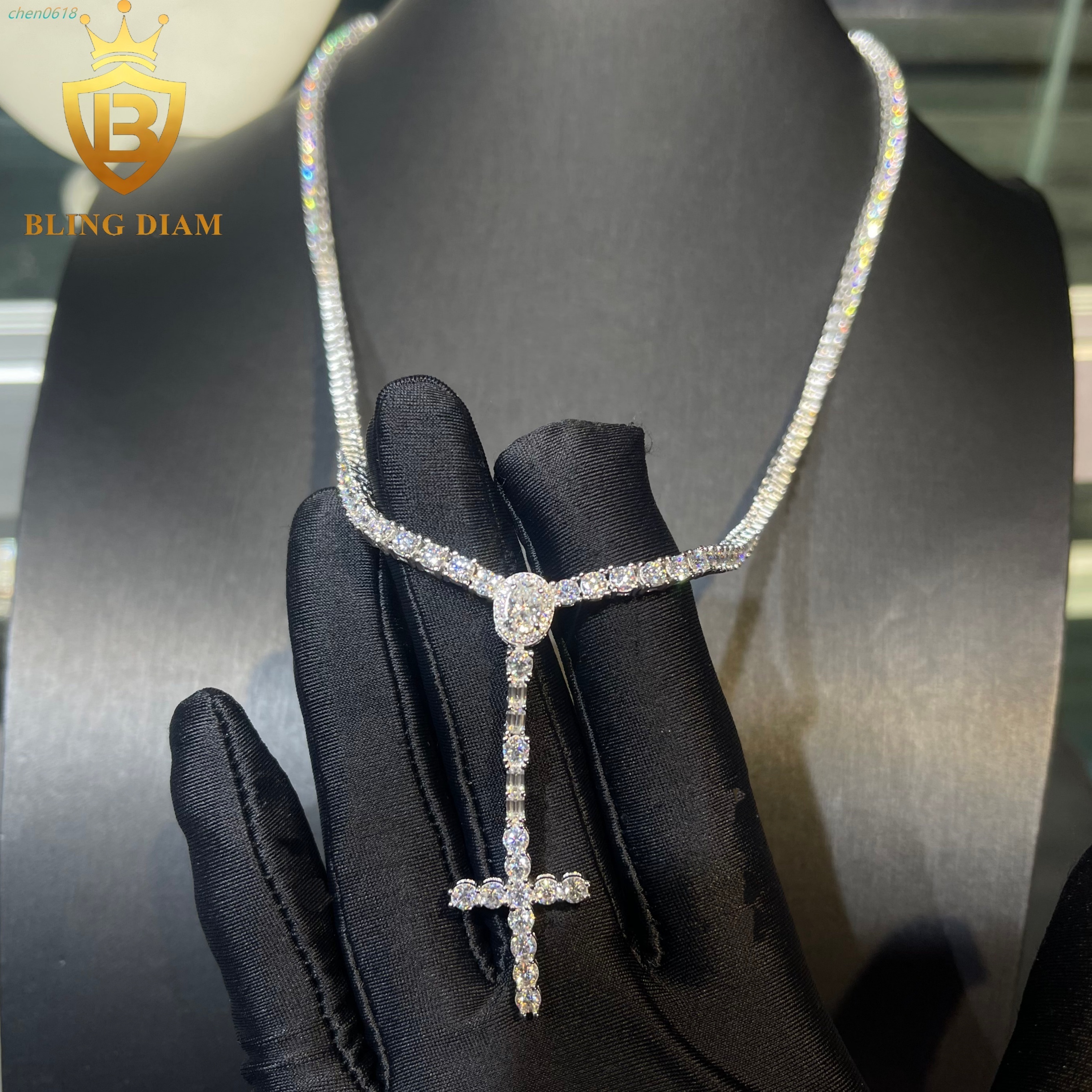 3mm 5mm Tennis Chain With Corss Necklace Charm Hip Hop Jewelry Fine 925 Sterling Silver VVS D Moissanite