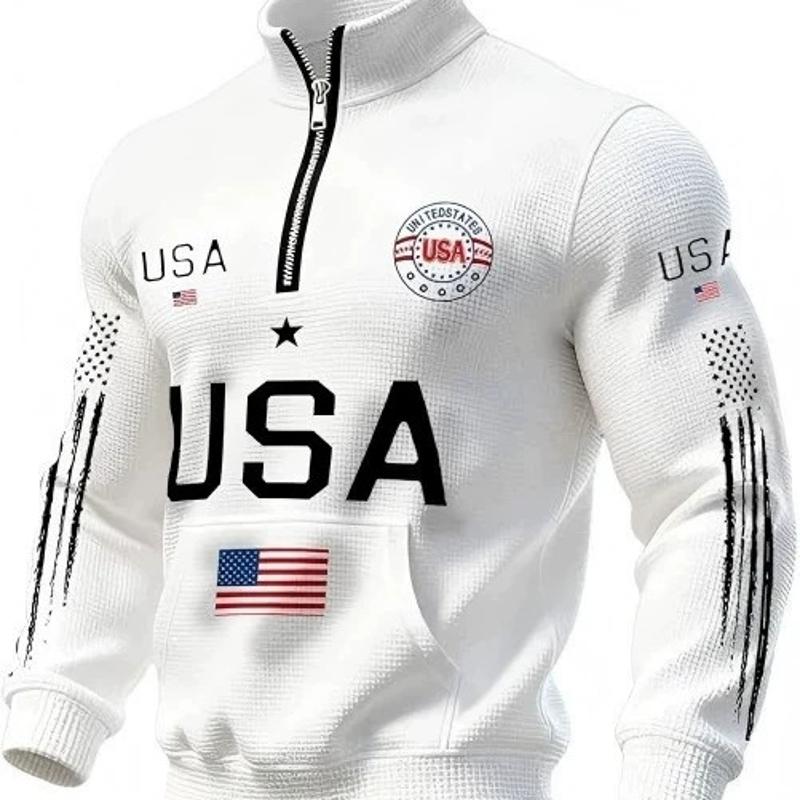 Men Women Half Zip Sweatshirt USA Letter Star Circular Badge Graphic Print Stand Collar Long Sleeve Loose Daily Casual Pullover