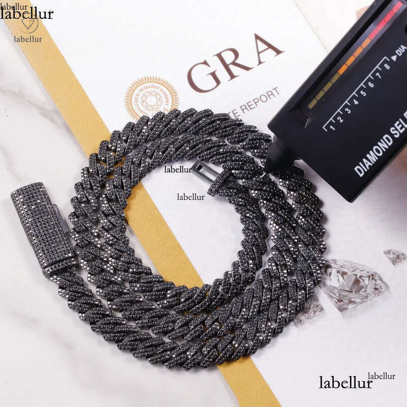 VVS Dia 2rows 10mm 12mm S Sier Hip Hop Necklace Men Black Moissanite Cuban Link Chain For Fashion Jewelry 9