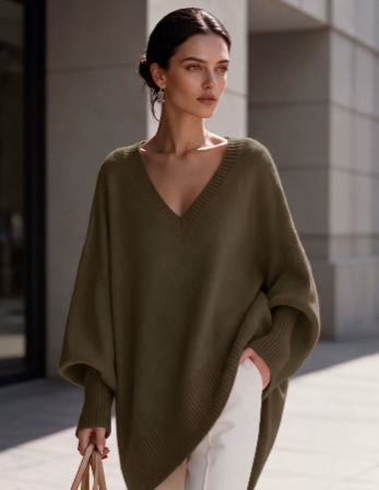 Designer Women's Long Sleeve V Neck Loose Knit Sweater Solid Color Oversized Pullover Top Fall Winter