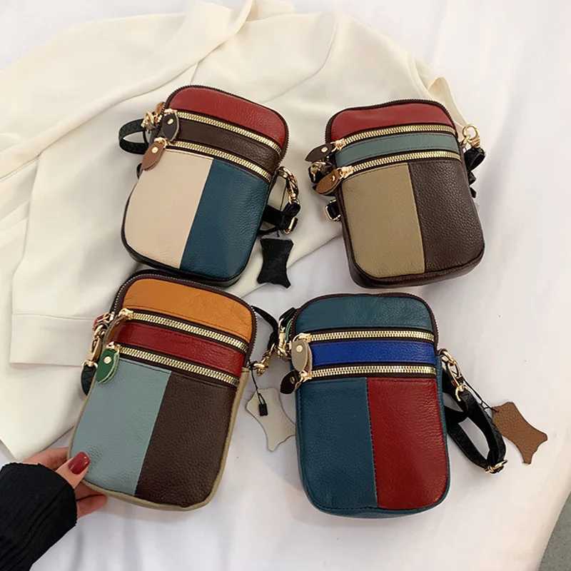 Totes New Fashion Soft Leather Women Shoulder Bag Multi Zipper Soft Cowhide Girls Small Mobile Phone Bag Color Stitching Color Random X261016