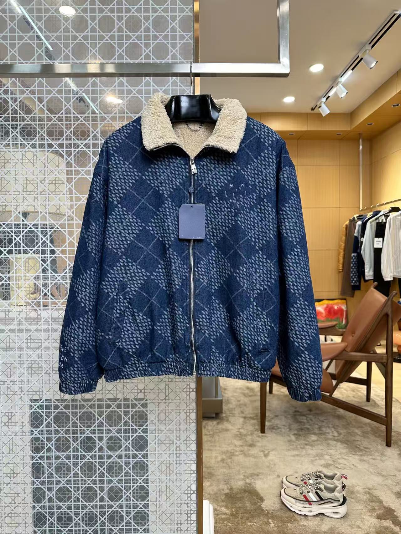 Designer Cross-Border European Style 2026 High-Quality Diamond Jacquard Lambswool Collar Denim Jacket 2f1f