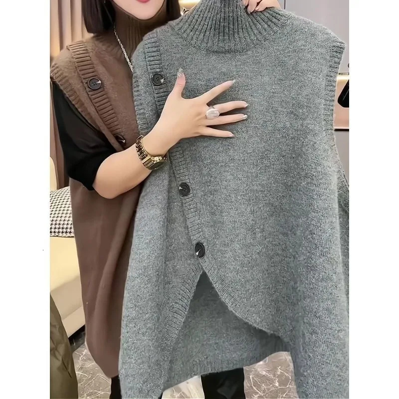 Women Sleeveles long Sweater Vests Vintage Irregular Spliced Button Knitwear Outerwear Pullovers Elegant Turtleneck Loose 261009