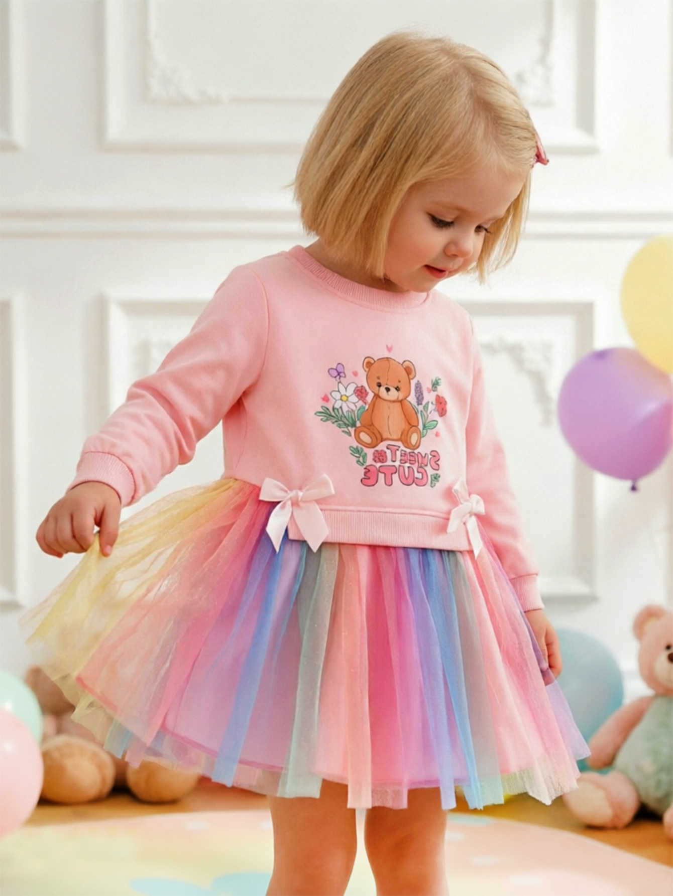 Bear Cartoon Printed With Rainbow Mesh Long Sleeve Princess Dress Butterfly Knot Spring Autumn Girls Dresses Sweet And Lovely S261016JYGJ