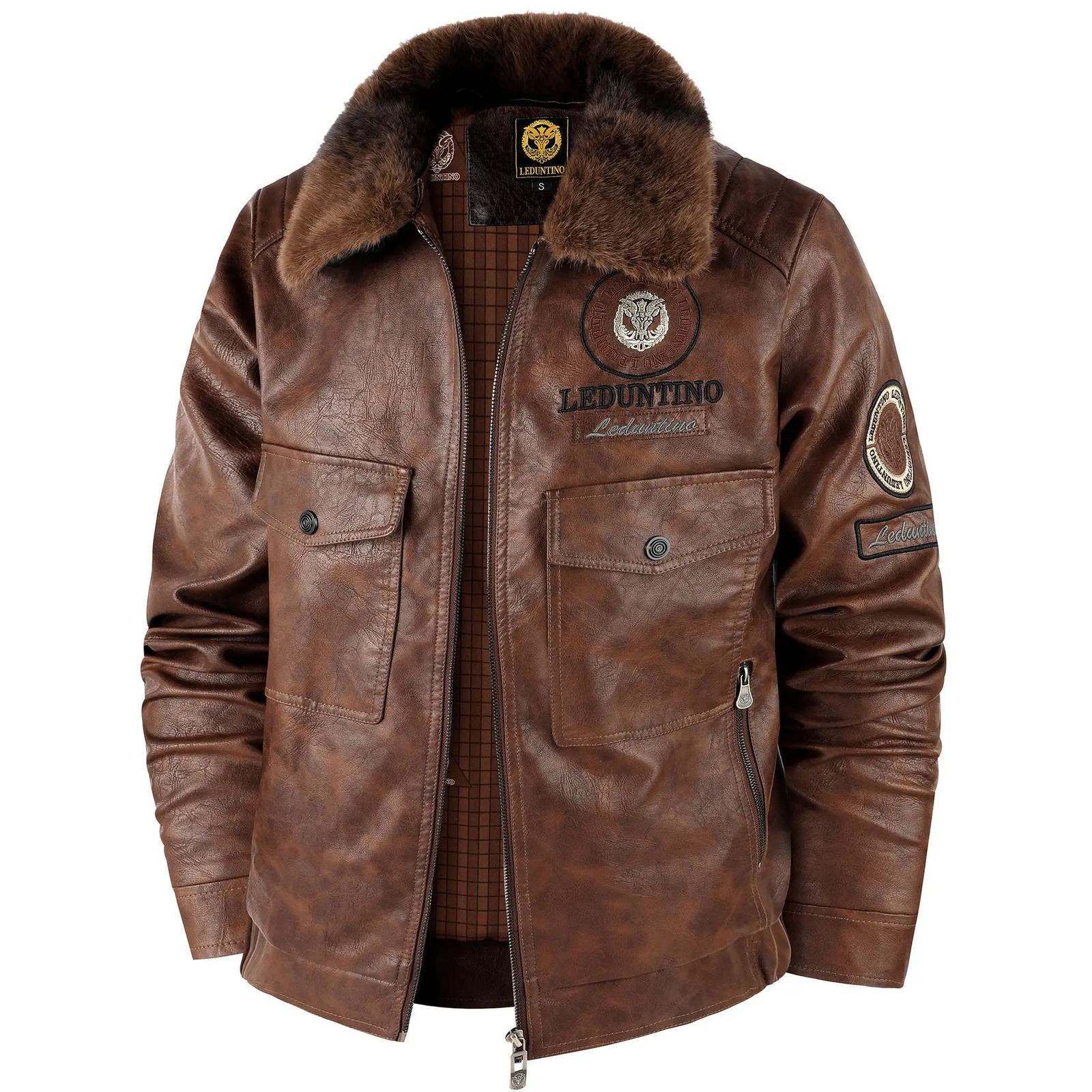 Men Faux Fur Collar PU Leather Jacket American Vintage Winter Fleece Lined Plus Size Casual Autumn Coat 261014