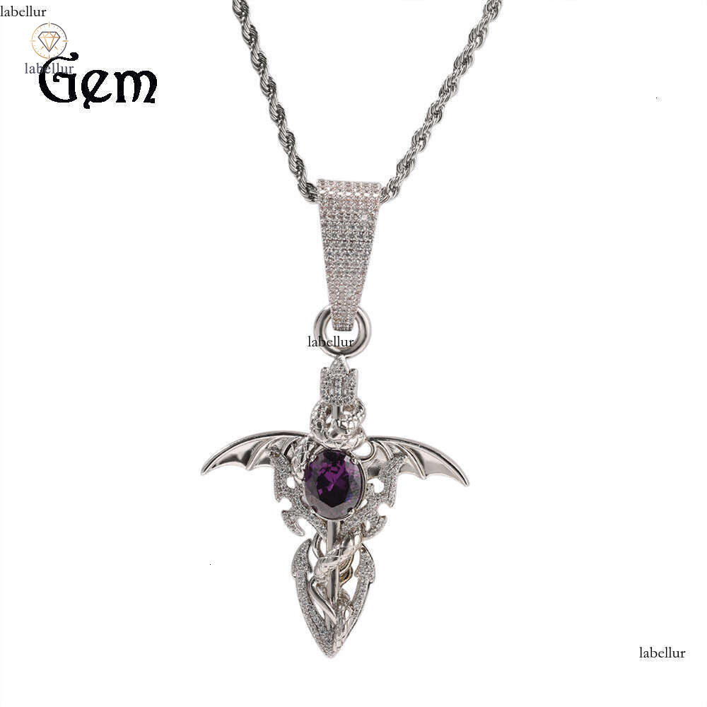 New Demon Sword Hip Hop Necklace Trendy Moissanite Jewelry Versatile Wings Cross Pendant Men's Silver Inlaid Moissanite Jewelry c
