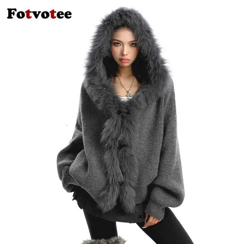 Women Men's Jackets FOTVOTEE Grey Faux Fur Hooded Knit Cardigan Oversized Warm Winter Sweater Coat Lady Y2K Streetwear Fashion Top Outerwear N2