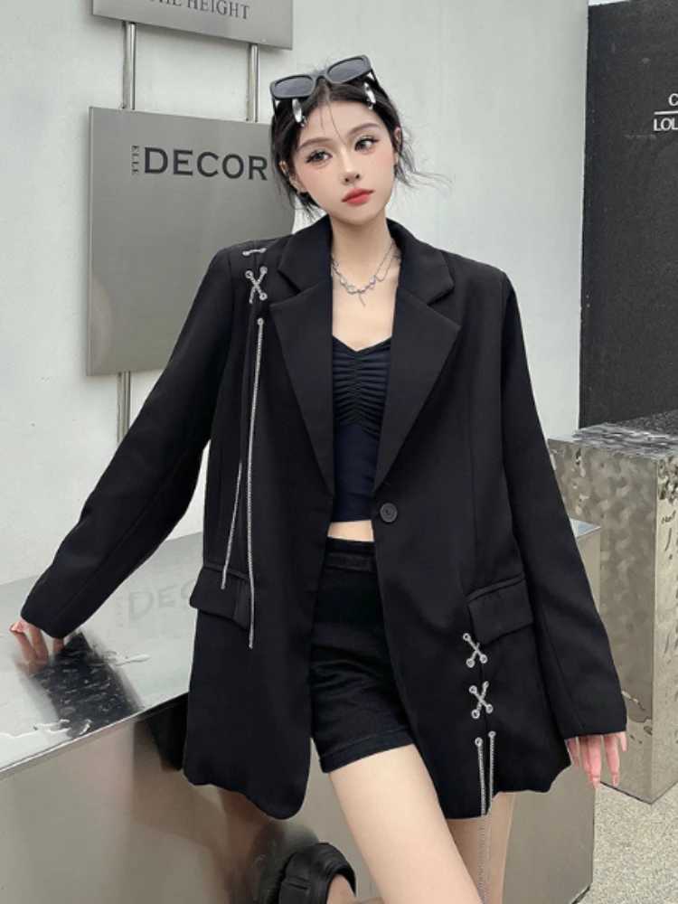 Jackets KOSAHIKI Harajuku Women Men's Jackets Black Gothic Punk Hip Hop Solid Vintage Blazer Coats Chic Chain Loose Jacket Streetwear N261016