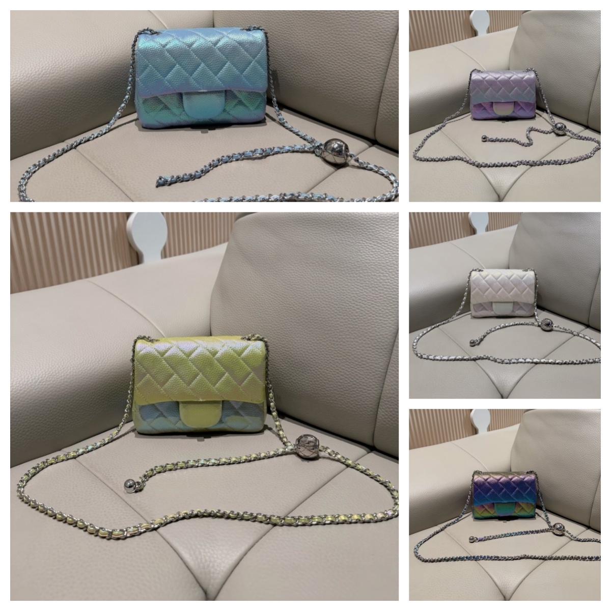 High Quality CC Ladies Quilted Caviar Leather Square Flap Bag Adjustable Ball Chain Crossbody Shoulder Purse Multi Iridescent Colors Reproduction Ve