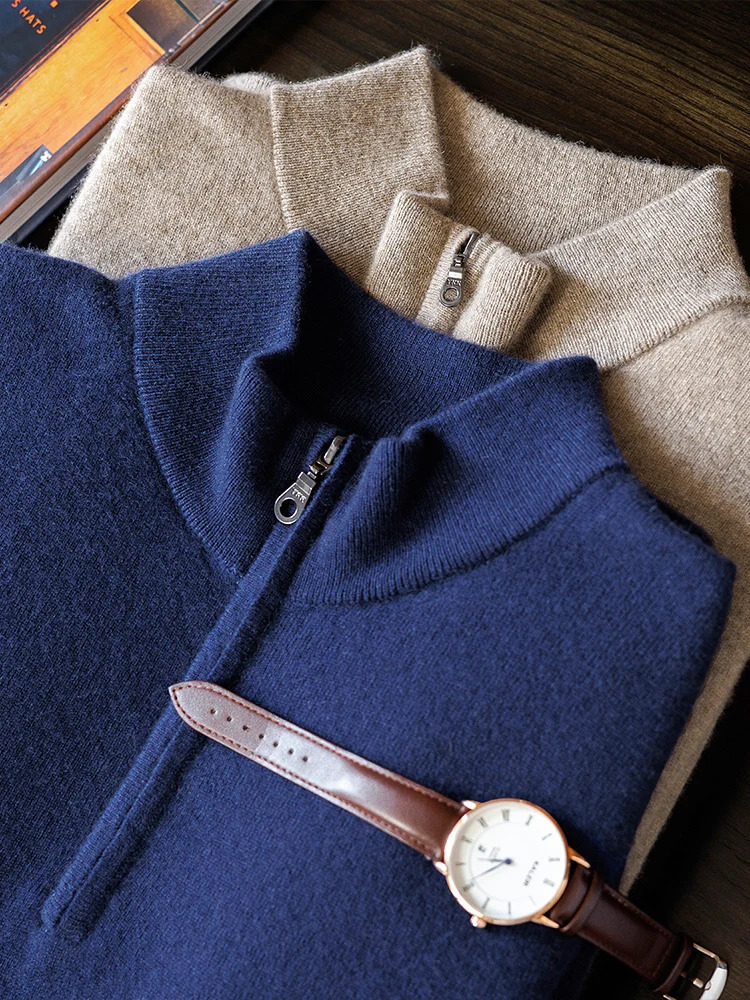 100 Pure Cashmere Sweater for Men's Half Turtleneck Zipper Pullover Long Sleeve Solid Color 261009