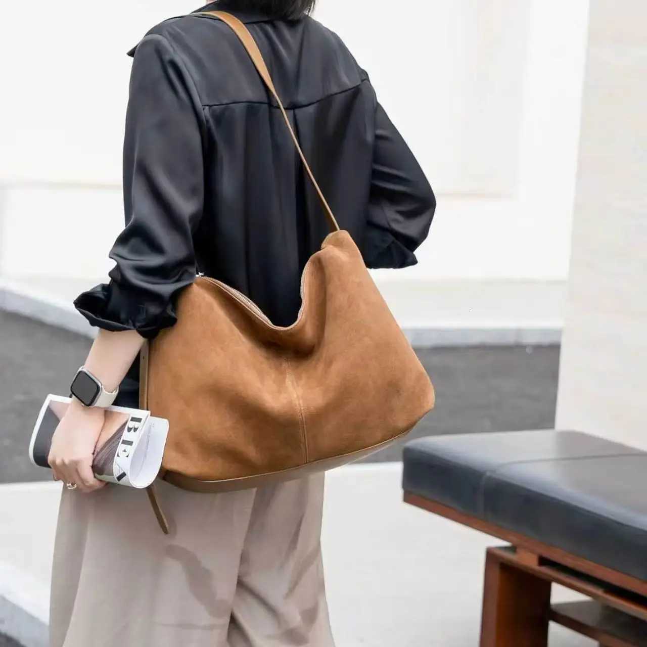 Cross Body Women Suede Leather Hobo Shoulder Crossbody Bag Large Capacity Soft Slouchy Tote Bag Female Casual Daily Commuter Handbag H261016