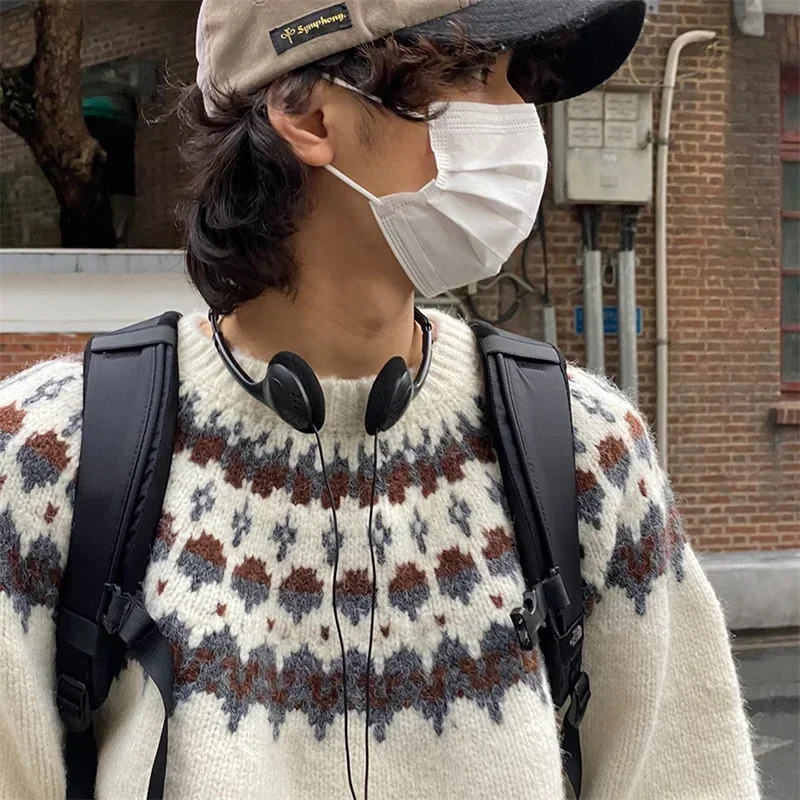 Spring Men's Fair Isle Jacquard Sweater Vintage Loose Printed Crewneck Knit Pullovers Korean Fashion Y2K Streetwear Jumpers 261015