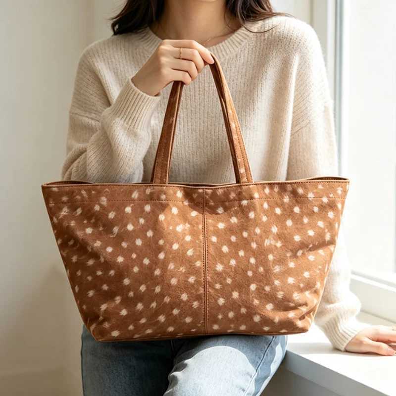 Shoulder Bags Vintage Deer Spot Print Tote Bag Soft Faux Suede Large Capacity Shoulder Handbag Women Casual Top Handle Underarm Bag For Daily H26101