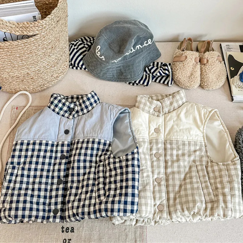 deer jonmi Winter Korean Style Toddlers Kids Plaid Thicken Warm Vests Korean Style Children Casual Cotton-padded Waistcoats261016