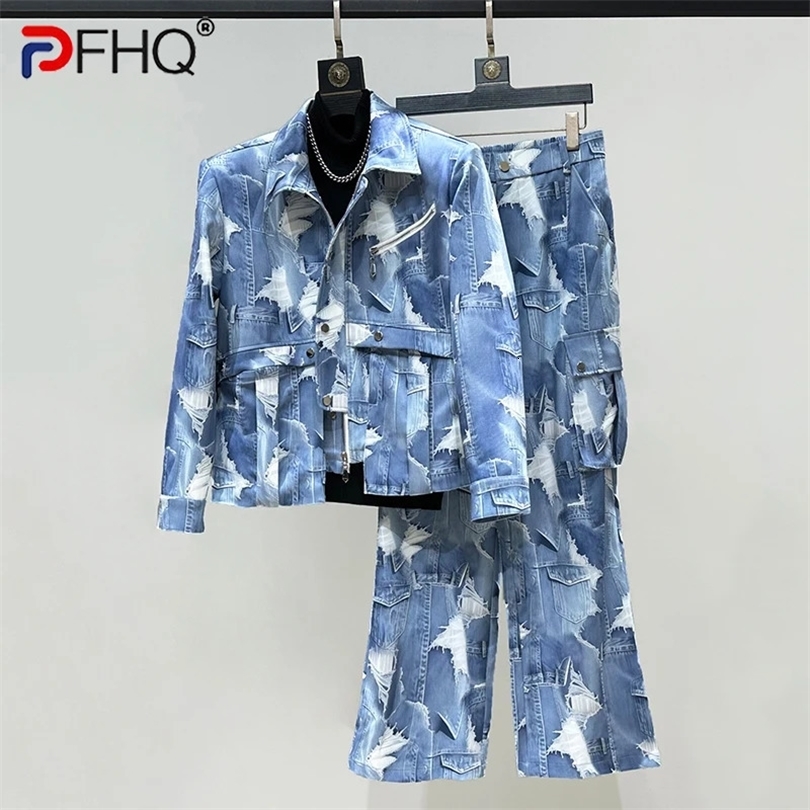 PFHQ Fashion Male Sets Personality Denim Printed Patchwork Decoration Stylish Short Jacket Straightleg Men Trousers 21P1131 261015