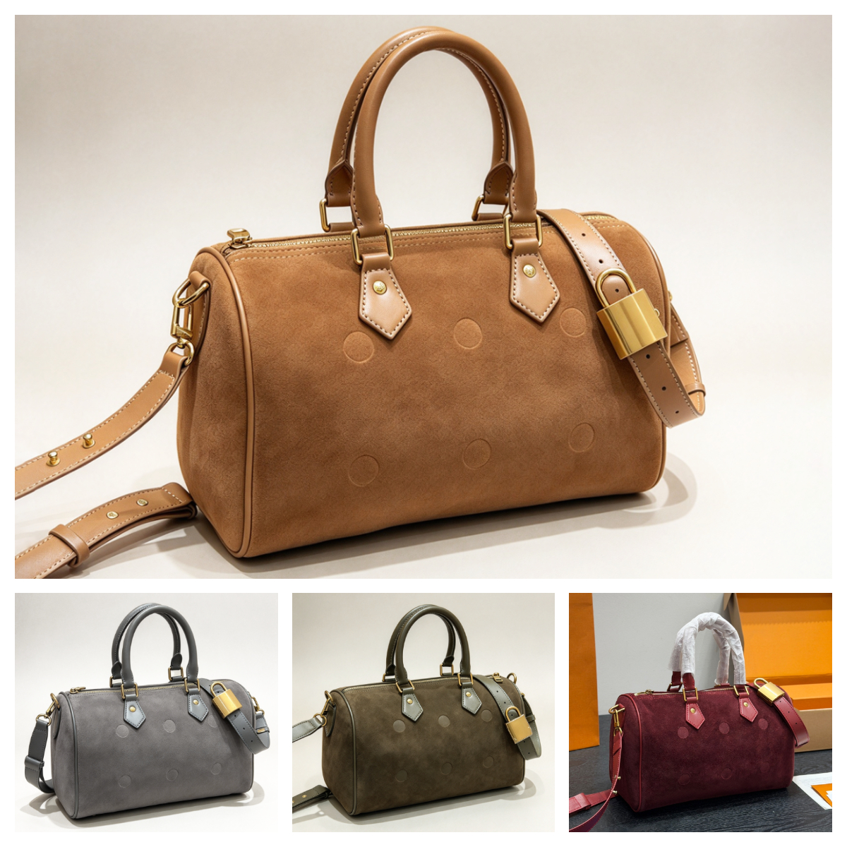 Embossed Monogram Suede bag Designer Boston bag Lock Pillow Tote bag Top Handle bag Winter Large Crossbody bag Travel bag Luxury Suede Shoulder Hand