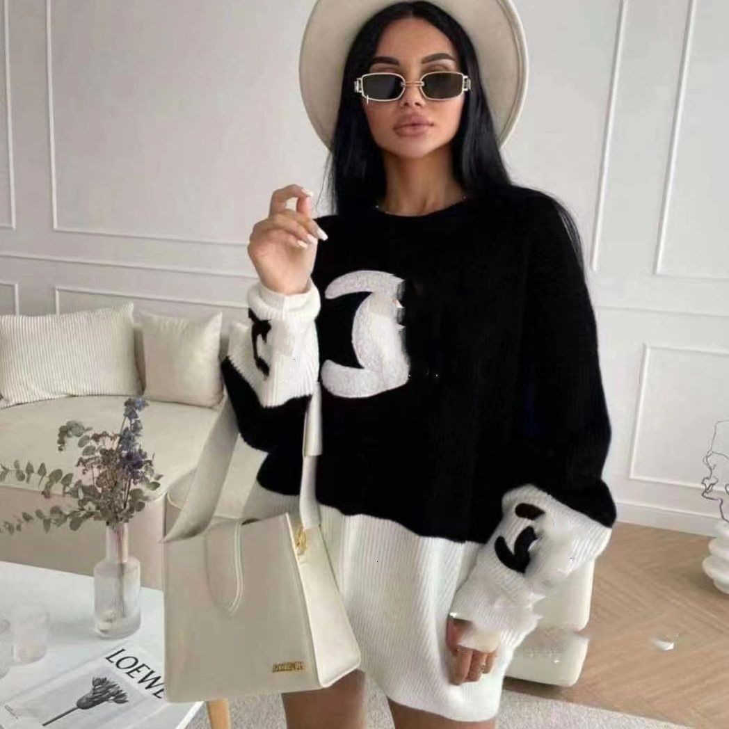 New design women's color block embroidery knitted loose medium long sweater jumpers SMLXL