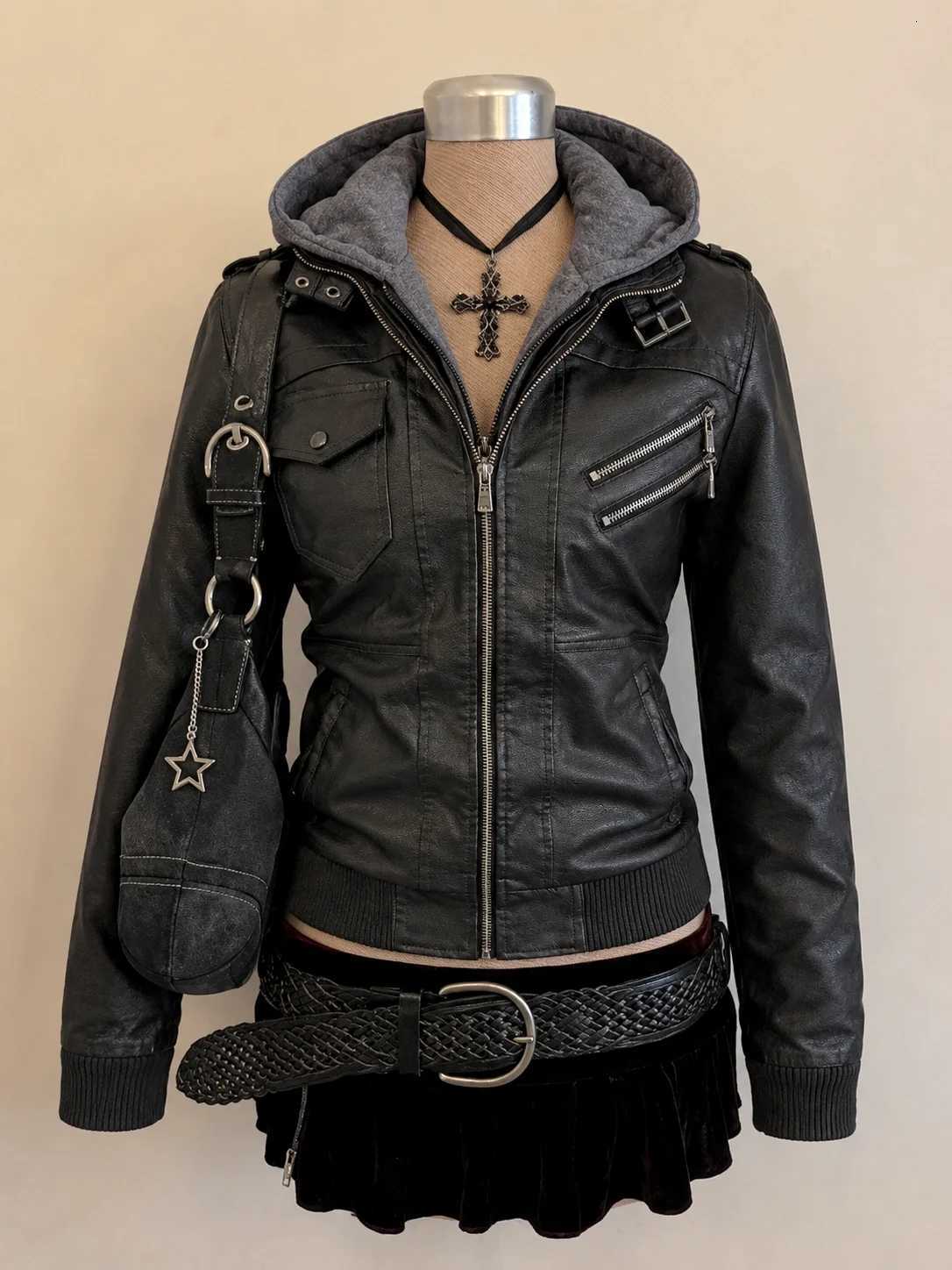 Jackets Vintage American Punk Men's Black Stand Neck Jacket Hooded Zipper Safari Coat Female Daily Streetwear Grunge Y2k Loose Coats N261016