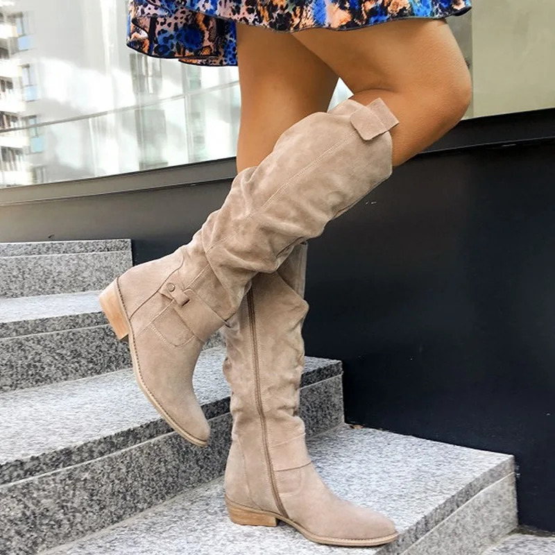 FHC Women Knee High Boots Low Heels Flock Autumn Shoes Long Botas Round Toe Side Zip Black Apricot Brown Army-green Dropship 261016