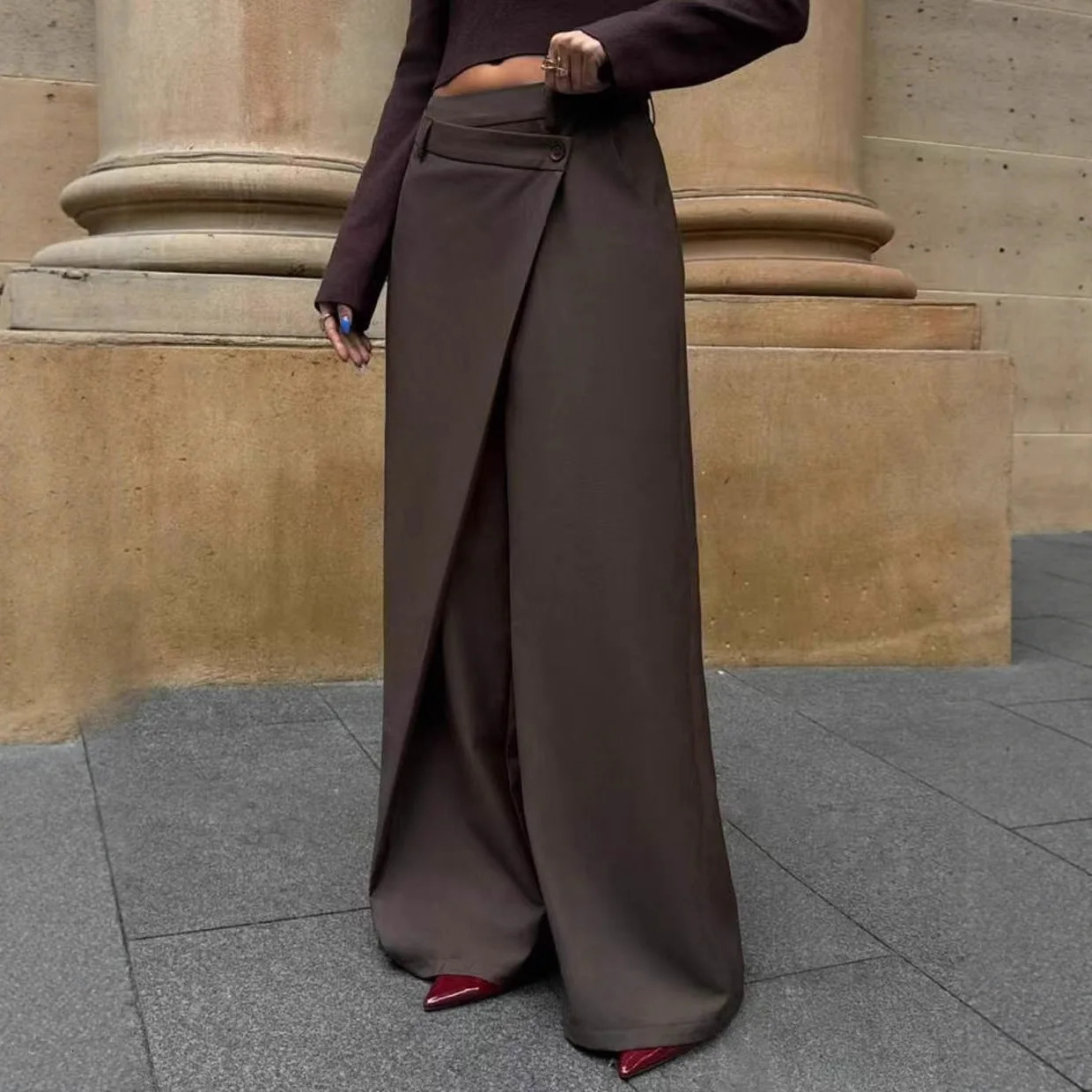 2026 Spring Autumn Irregular Splicing Straight Wide Leg Pants for Women Draped Suit Fashion n Long Trousers 261015