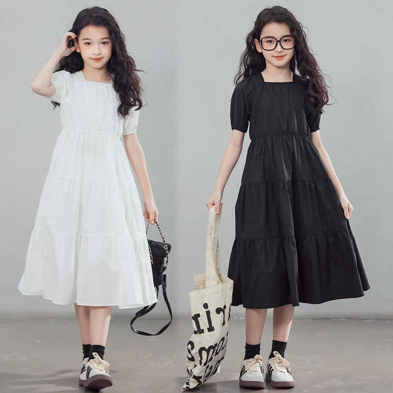 New 2026 Girls Dress Teenager Square Neck Solid Color Gown Princess Long Vestidos Summer Casual Outfit for Older Kids 5-14 Years S261016JQIQ