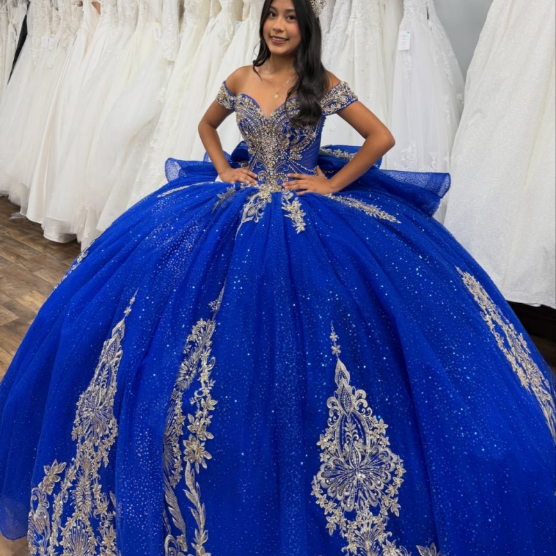 Royal Blue Glitter Quinceanera Dresses Off Shoulder Ball Gown Sweet 16 Dress Applique Lace Beads Bow Tull Party Birthday vestidos 15 anos