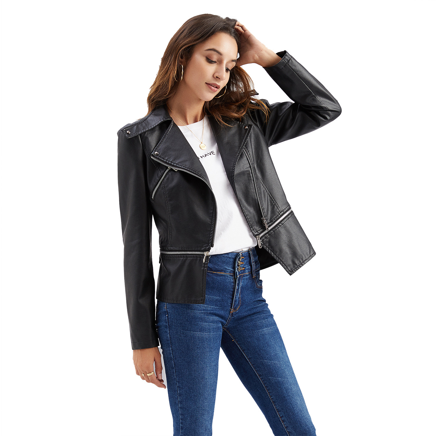 Women's Spring Autumn Casual Leather Look Jacket, Detachable Hem Fashion Outerwear Coat, European Size for Ladies