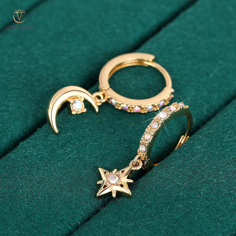 2026 New Trendy Earrings: Japanese Korean Style Asymmetrical Star Moon Diamond-Embellished Earrings Versatile and Elegant Ear Clips