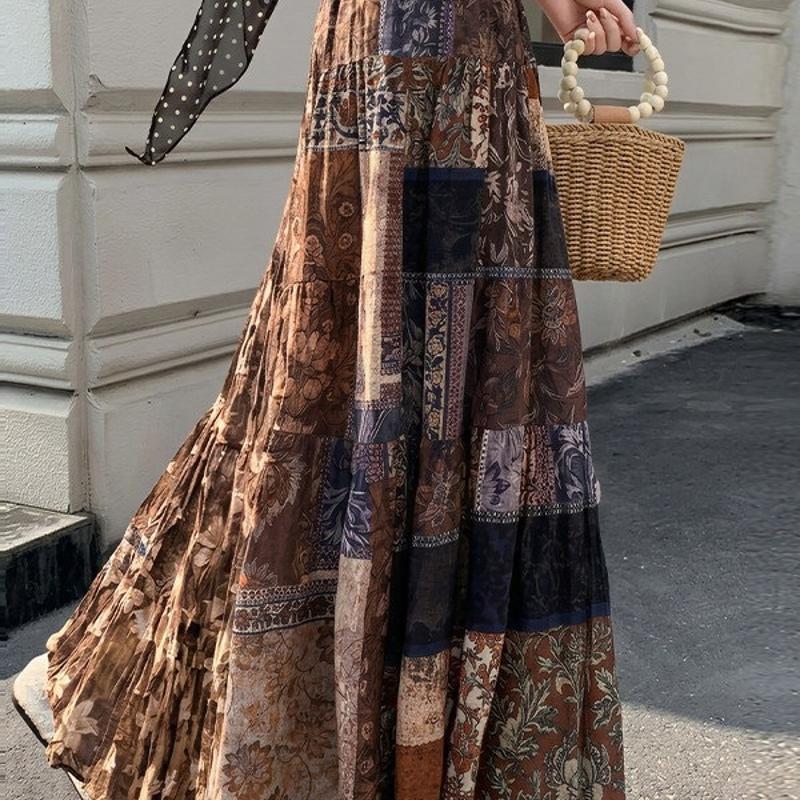 Femmes Designer D'été Vintage Imprimé Floral Taille Haute A-ligne Maxi Jupe Taille Élastique Swing Jupe Décontracté Élégant