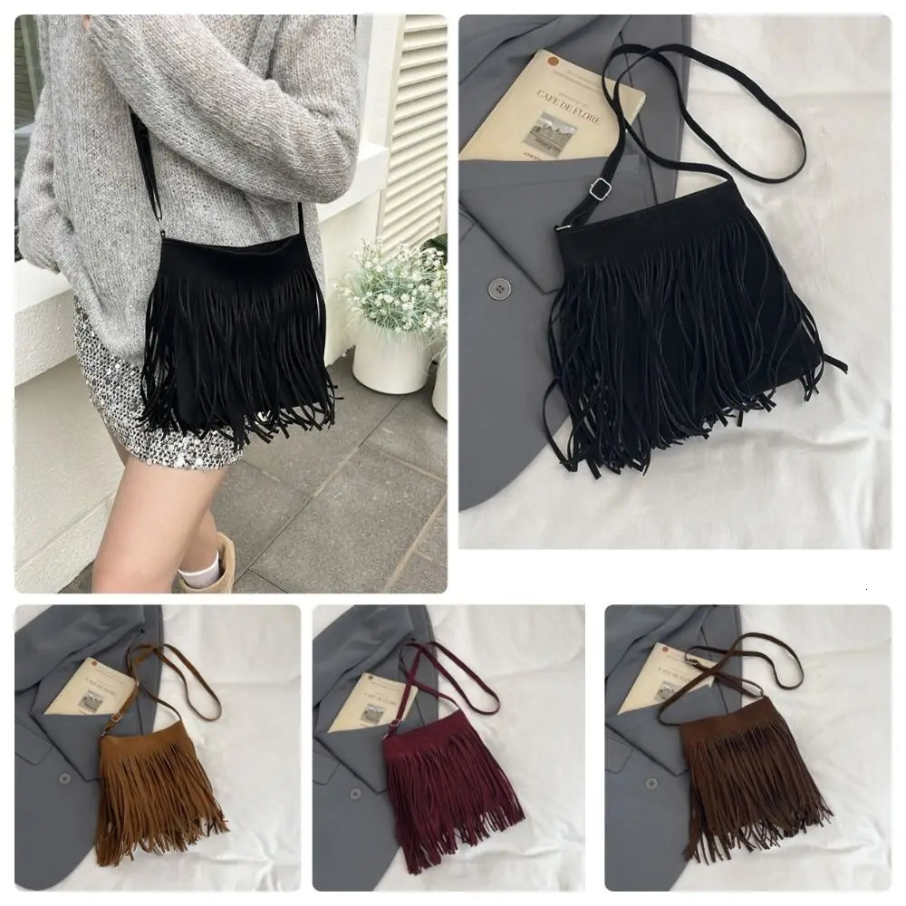 Vintage Suede Fringe Crossbody Bag Large Capacity Boho Style Shoulder Bag Solid Color Adjustable Shoulder Bag Women 261016