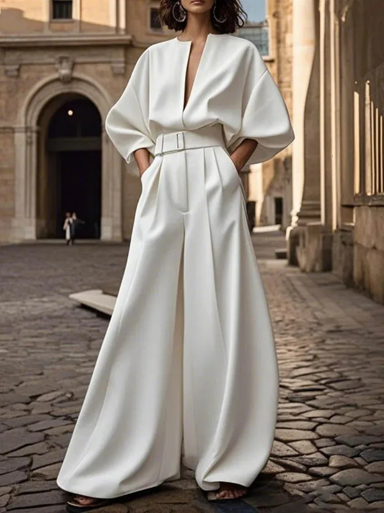 2026 Women y Minimalist Jumpsuit Women's Jumpsuits And Rompers V Neck Puff Sleeve High Waist Wide Leg Outfits 261015